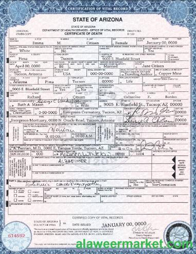 USA state Arizona death certificate template in PSD format